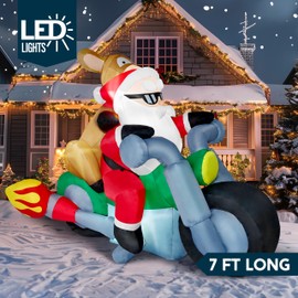 JOIEDOMI 7 FT Long Christmas Inflatables Outdoor Decorations, Inflatable Santa Riding Motorcycle with Reindeer, Blow Up Yard Decoration with Build-in LED for Xmas Party Outdoor Yard Garden Lawn Décor