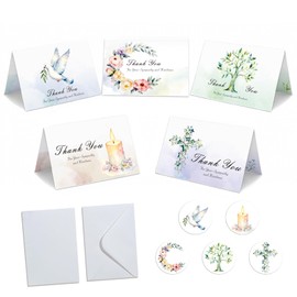Funeral Thank You Cards with Envelopes & Stickers, 40 Pack 4x6 Inch Folded Bereavement Sympathy Thank You Cards with Message Inside, 5 Watercolor Designs for Memorial Service, Family, Friends & Loved Ones (Watercolor A)