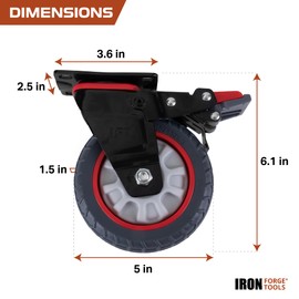 Iron Forge Tools Heavy Duty Swivel Knobby Casters Set of 4, 6" Height, 5" Diameter, Solid PU Knobby Tread Heavy Duty Wheels, Swiveling Bases, Two Casters with Brakes, Two Without, Black & Red