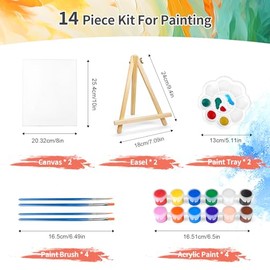 2 Pack 8 * 10In Canvas Boards for Painting, Art Canvas for Drawing with 4 Brushes & 2Paint Trays & 4 Acrylic Paint, Mini Painting Canvas with Easel Set, Painting Kits for Adults & Kids Party