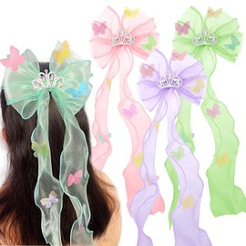 3 PCS Colorful Flower Crown Ribbon Hair Bows,Princess Bowknot Hair Barrettes,Colorful Butterfly Long Ribbon Hair Accessories Alligator Clips for Girls Teens Princess Wedding Birthday Party