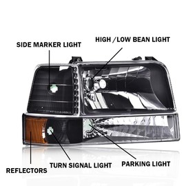 G-PLUS Headlights Assembly w/Corner Signal Lamps,Fit For 1992-1996 Ford F150 Bronco,Fit1992-1997 Ford F250 F350 F-Super Duty, Left & Right Side,Clear lens Black Housing Amber Reflector