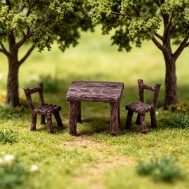 Miniature Furniture Set, Mini Table and Chairs, Wooden Garden Decor for Tiny Houses, Micro Landscape Accessories (C-1)