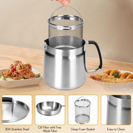Flantor 304 Stainless Steel Deep Fryer Pot with Basket & Strainer, Heat-Resistant Silicone Handles for Safe Handling, 68oz Bacon Grease & Oil Filter Container for Kitchen & Camping - Dishwasher Safe