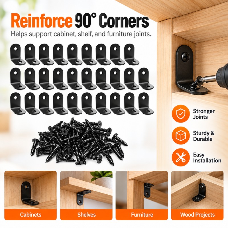 L-Shaped Corner Brackets for Wood Furniture – Black Stainless Steel