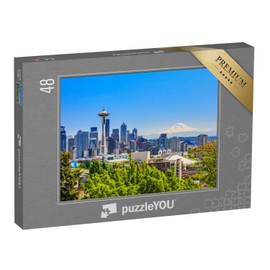 puzzleYOU: 48 Piece Skyline of Seattle and Mt. Rainier, Washington - America, American Cities Puzzle Collection