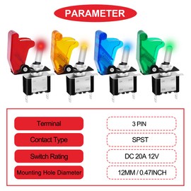 MKBKLLJY 4Pcs 12mm Lighted Toggle Switch DC 12V 20A,DC 24V 10A,SPST 3 Pin On Off Red/Blue/Green/Yellow Heavy Duty Switch for Automotive Car Boat RV with Round Shell & Locked Terminal Wires 4Color