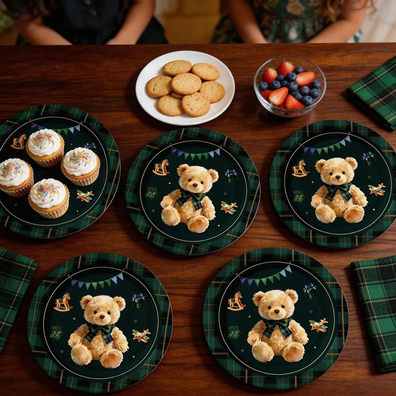 60Pcs Teddy Bear Baby Shower Decorations 7in Green Blue Tartan