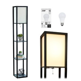 Simple Designs LF1014-BLK-LB Three Shelf Etagere Organizer Storage Floor Lamp with White Linen Shade for Living Room, Bedroom, Office, Hallway, Black, with Feit LED Bulb Included