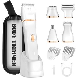 Bikini Trimmer for Women, 5-in-1 Painless Electric Razors for Women, Waterproof Hair Remover for Face, Legs, Underarms, Private Area, Cordless Pubic Hair Trimmer with Charge Dock & Travel Pouch, White