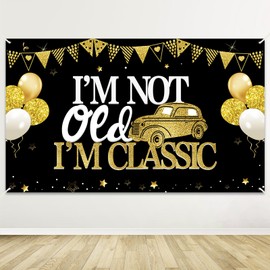 Funny Birthday Decorations I'm Not Old I'm Classic Banner, Black Happy Birthday Backdrop Party Supplies, 30th 40th 50th 60th 70th 80th 90th Birthday Party Background Poster Decor for Outdoor Indoor