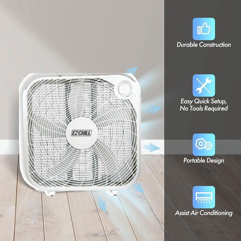 EZ-CHILL 20" Box Fan, 3 Speed Ful Force Air Circulation,