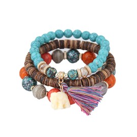 3Pcs Bohemian Stackable Wood Wooden Beads Elephant Charm Bracelet Set Ethnic Multilayered Tassel Stretchy Bracelet for Women Men Boho Jewelry Birthday Gift-E rainbow