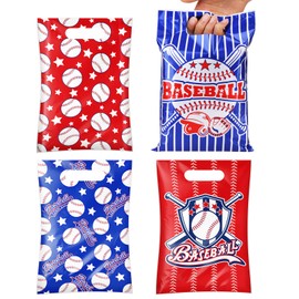 MOJIEZUO 100Pcs Baseball Gift Bags for Snacks with Handle 4 Pattern Treat Bags Baseball Cellophane Bag Candy Party Favors for Sports Team Birthday Sport Themed Party Supplies, 6.3 "x 9.8"