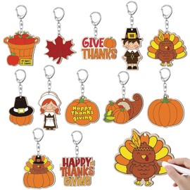 RattanView 24 Pcs Thanksgiving Craft for Kids Color Your Own Give Thanks Keychains DIY Fall Wooden Blank Keychains for Thanksgiving Crafts Gifts Kits, 12 Styles