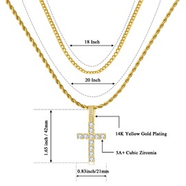 GEMOSA Cross Chain for Men Gold Plated 5A+ Cubic Zirconia Stainless Steel Layered Cuban Link Rope Necklace 16-24 Inch Large Cross Chains Diamond Iced Out Pendant for Boys Jewelry Gifts