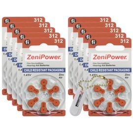 ZeniPower 60 Hearing Aid Batteries Size: 312 + Battery Holder Keychain Kit