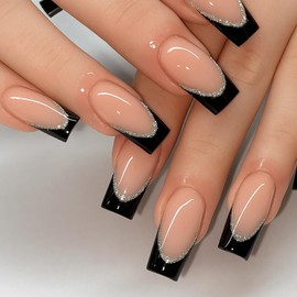 24pcs Black French Tip Press On Nails – Medium Length Square False Nails with Silver Glitter Edge – Full Cover Acrylic Stick On for Women & Girls
