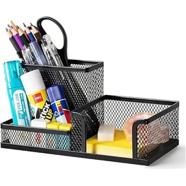 Mesh Desk Organiser Black Pencil Holder Tidy 3 Compartment Desktop Stationery Storage Tool Sticky Notes Organizer & Pen Holders Ideal For Dorm Room Class Room & Office Table Accessories