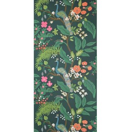 YORK Emerald dark green Tropical tree branches leaves flowers peacock Wallpaper rolls - sample 8.5 inches x 11 inches