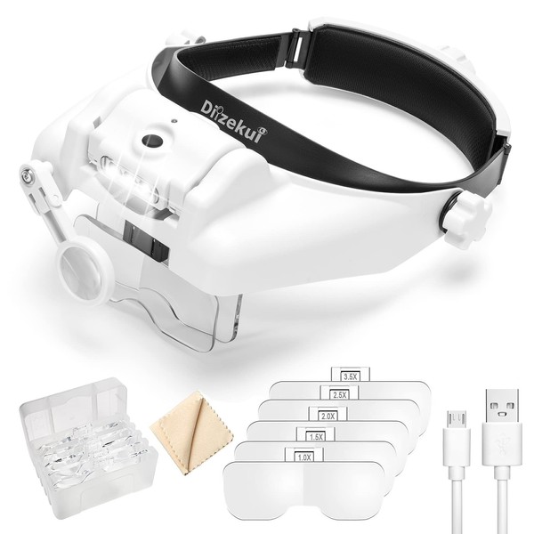 Dilzekui Head Mount Magnifier with LED Light, Rechargeable Headband Magnifier, Head-Mounted Magnifying Glass with 6 Detachable Lens, Hands Free Magnifying Glasses for Close Work, Crafts, Repair