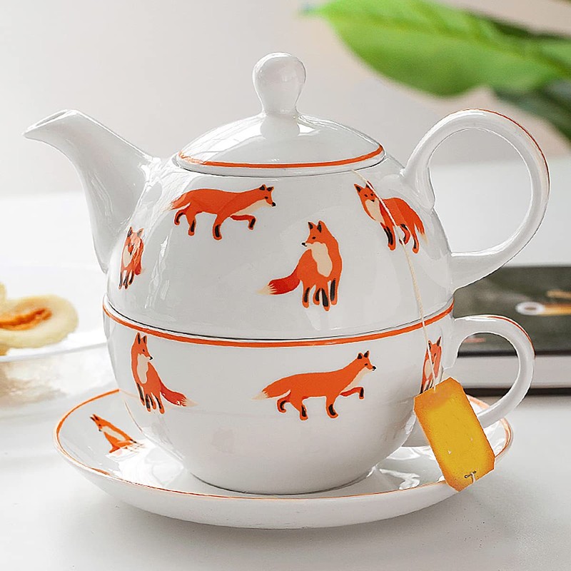 Bicuzat Orange Fox Pattern Tea Set, Ceramic Teapot, Cup &