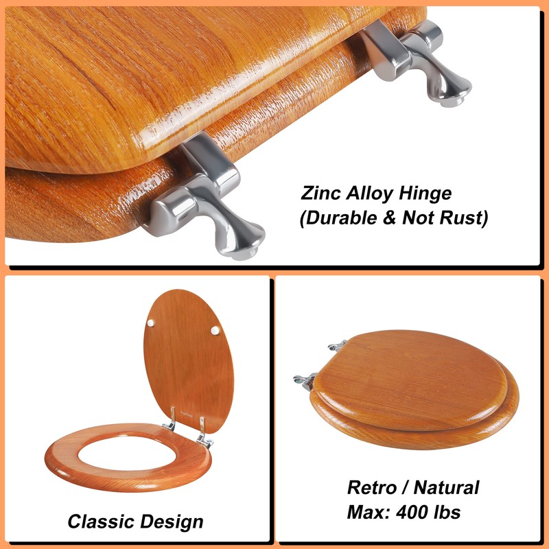 Angel Shield Durable Wood Veneer Natural Toilet Seat Metal Hinged