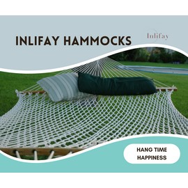 Inlifay Hammocks Traditional Rope Double Hammock, Hand Woven Cotton Hammock, Natural & Vivere, with Hardwood Spreader Bar, 450 lbs Capacity, White