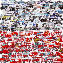 Police Car and Fire Truck Stickers for Kids Boys Vinyl Police Vehicle Firetruck Decals for Water Bottles Laptop Removable Waterproof Emergency Rescue Vehicle Stickers for Party Favors,100 PCS.