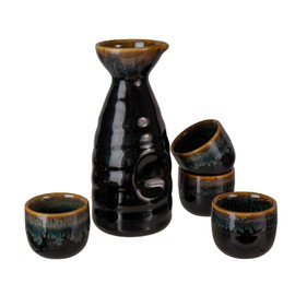 Urban Tokyo Japanese Sake 5 Piece Set Include 1 Sake Bottle and 4 Cups for Hot or Cold Sake Home or Restaurant Use Reactive Glazed Ceramic (Black Brown)
