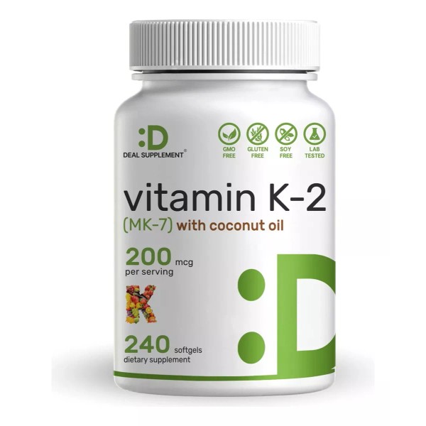 Deal Supplement Vitamina K2 Mk7 200 Mcg Con Aceite De Coco 240 Capsulas Sabor Sin Sabor