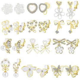 NEWITIN 12 Pairs Clip On Earrings for Women Cute Earring Crystal Pearl Stud Charming Fashion Earring Non Piercing Clip on Stud Earrings for Women
