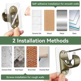 ANDGOO 6 Pack No Hole Curtain Rod Brackets Hangers, Self Adhesive Curtain Rod Holders, No Drilling, No Nail Heavy Duty Stick on Rod Hooks Bedroom, Bathroom, Livingroom, Kitchen (Retro)