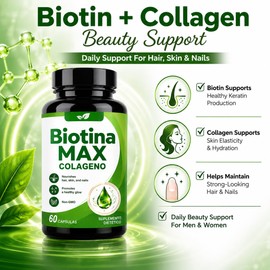 Biotina Max Colageno, Hair, Skin & Nails Support with Biotin & Collagen, Promotes Healthy Glow, Non-GMO, Vegan, for Men & Women – 60 Capsules