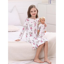 Bow Dream Toddler Girls Casual Dress and Matching American Girl Doll Clothes for Girls Cute Kids Dress Party Birthday White Cartoon Size 150