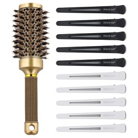 Cepillo Redondo 45 mm con Cerda de Jabali y Nano Cerámica Térmica, Cepillo Profesional para Secar, Alisar y Dar Volumen, Cepillo de Pelo Antiestático, Set Incluye 10 Pinzas Uso en Casa y Peluqueria