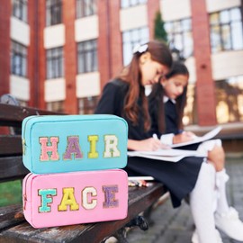 Preppy Patch Makeup Bag-Nylon Cosmetic Preppy Makeup Face Bag with Zipper-Varsity Chenille Letter Makeup Travel Organizer Valentines Bag that Kid Valentines Day Present for Her and Him