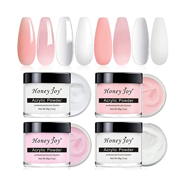 Acrylic Powder Set,4 Colors Clear,French White,Nude Pink,Pink Professional Polymer Colored Acrylic Nail Powder for Nail Extension 3D Carving (HJ-NAP024-C-W-N-P-28g-UK)