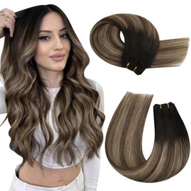 Moresoo Real Hair Sew-In Wefts, Black Weaving Extensions, Real Hair Remy 35 cm Hair Extensions, Wefts, Real Hair Black to Brown with Caramel Blonde Double Wefts, No. 1B/3/27, 100 g