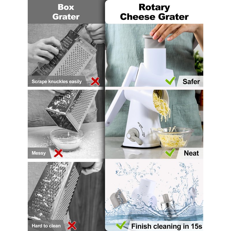 GDL Rotary Cheese Grater,Vegetable Grater for Kitchen with Three Interchangeable