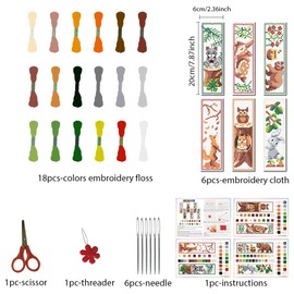 FREEBLOSS 6 Set Cross Stitch Bookmark Stamped Cross Stitch Kit with Cartoon Forest Animal Patterns Embroidery Kit with Instruction DIY Bookmark Kit for Gift Adults 6 * 20CM
