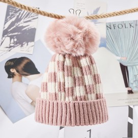 vchoohce Toddler Kids Baby Beanie Hat Knitted Thick Winter Caps Cute Checkerboard Pompom Hats for Girls Boys 1-4 Years Old (Plaid-Pink,1-4 Years)