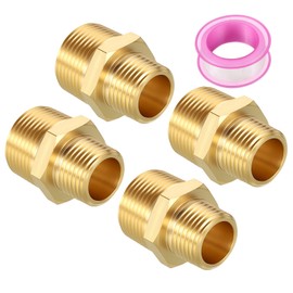 Kozelo 4pcs 3/4" MNPT to 1/2" MNPT Solid Brass Hex Nipple Hose Connector (with Seal Tape) Pipe Leak Repair Female Pipe Adapter Bathroom Remodeling Tool Extension Compression