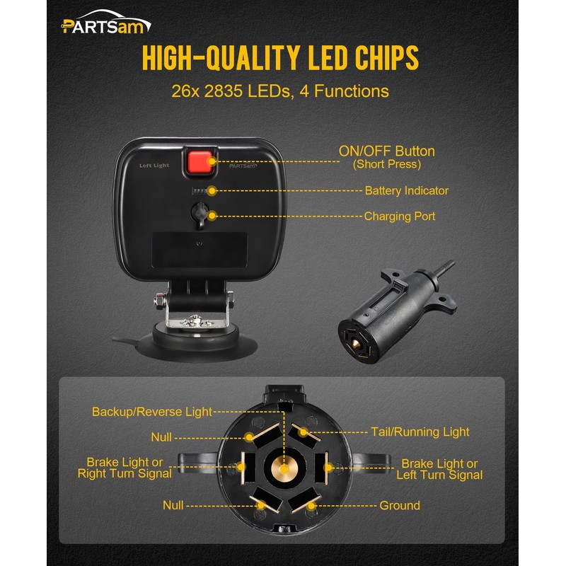 Partsam Wireless LED Trailer Light Kit Magnetic Towing Tail Light