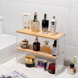 HomDSim 2 Tiers Acrylic Desktop Organizer Office Storage Rack Wood Desk Bookshelf Office Supplies Desk Organizer Mini Cute Kitchen Condiment Shelves