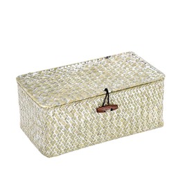 Seagrass Woven Facial Tissue Dispenser, Tissue Box, Box Cover Holder Storage Case Rectangle Napkin Organizer for Home Decor, Kitchen, Office Table Desktop, 26x 16 x 10cm (Vintage White)