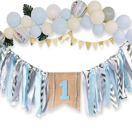 Sunnyillumine HighChair Banner for 1st Birthday of Boys - Elegance Macaron Blue Stripes First Birthday Decoration Banner for Photo Booth Props, Birthday Souvenir and Gifts, Best Party Supplies