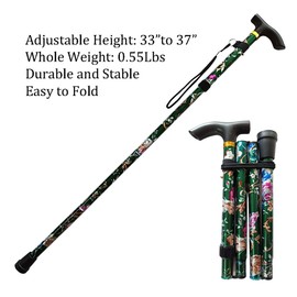 Collapsible Walking Cane for Women & Senior Men, Folding Lightweight Sticks for Seniors Balance, Adjustable Canes, Stick and Crutches for Adults, bastones para caminar Mujer & Hombre (Flower Green)
