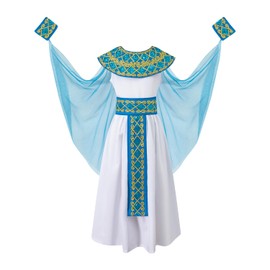 DANBAIEGG - Conjunto de disfraz egipcio para niños y niñas, vestido Cleopatra, disfraz de Halloween con tocado (blanco, 6-8 años)