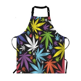 Moslion Colorful Leaf Apron,Weed Leaves on Black Background Apron,Adjustable Neck Bib Apron for Men Women,Suitable for Kitchen Cooking Waitress Chef Apron